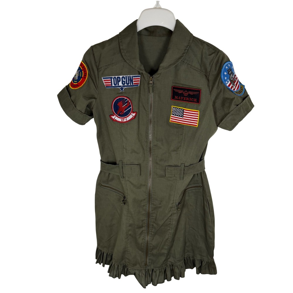 Top Gun Leg Avenue Maverick Flight Suit Costume Dress Olive Green Patches, M